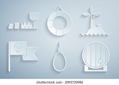 Set Gallow rope loop colgando, isla tropical océano, bandera pirata con cráneo, Barril de madera, Lifebuoy y icono de Treasure riches. Vector
