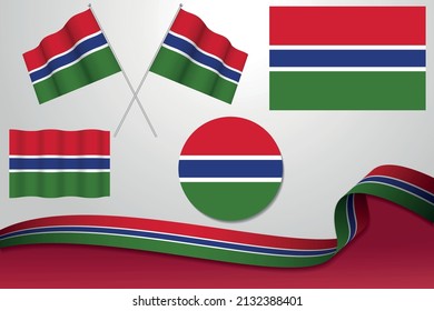 Set Of Gambia Flags In Different Designs, Icon, Flaying Flags With ribbon With Background.