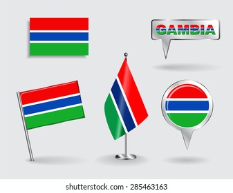 Set of Gambian pin, icon and map pointer flags. Vector illustration.