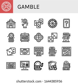 Set Of Gamble Icons. Such As Roulette, Casino, Bet, Playing Cards, Card Game, Poker Chip, Slot Machine, Poker, Dice, Baccarat, Online Gambling, Bingo, Lotto, Online Casino , Gamble Icons