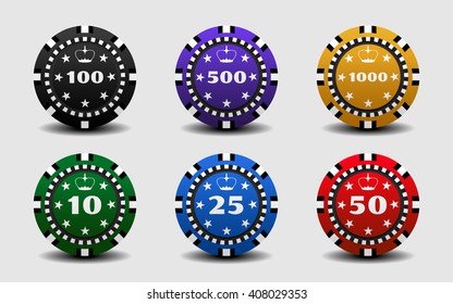 Set of gambling colorful casino chips on a white background. 