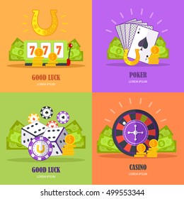 Set of gambling conceptual vector banners in flat style. Good luck, poker, casino concepts with assessors. Illustrations for gambling industry, sport lottery services, icons, web pages, logo design.  