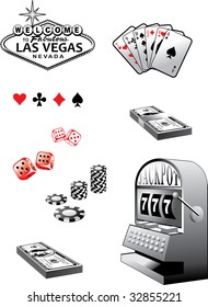 Set of gambling elements - cards, colors, loaded dice etc