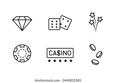 Set of Gambling Icons.  Gambling icons set, casino and card, poker game. Icons as diamond, firework, Dice, Chips, Coins, Signboard. Vector illustration In linear style