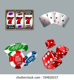 Set of gambling icons for Casino game with Slot machine, Cards, Dices, and Chips