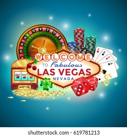 Set of gambling icons in Las Vegas. Composition of casino elements on a blue background.