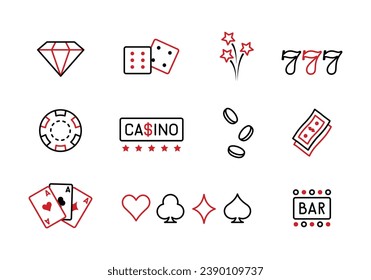 Set of gambling icons. Set of poker icons. Gambling, casino, poker, jackpot, slot machines. Icons of cards, chips, dice, signs. Vector illustration in linear style