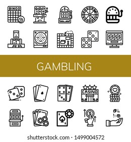 Set of gambling icons such as Bingo, Croupier, Slot machine, Pachinko, Board game, Roulette, Dice, Online gambling, Poker, Gambling, Dominoes, Casino, Bet, Poker chip ,