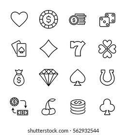 Set of gambling in modern thin line style. High quality black outline casino symbols for web site design and mobile apps. Simple gambling pictograms on a white background.