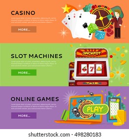 Set of gambling vector banners. Flat style. Casino, slot machines, online games horizontal conceptual illustrations for virtual gamble and entertainments services web page design.