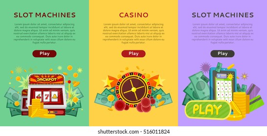 Set of gambling vector banners. Flat style. Slot machines, casino vertical concepts illustrations with gambling attributes, equipment, money for gambling online services sites and landing pages design