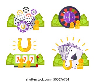 Set of gambling vector illustrations in flat style. Good luck, poker, casino concepts with assessors. Illustrations for gambling industry, sport lottery services, icons, web pages, logo design.  