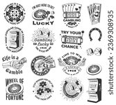 Set of gambling vintage print, logo, badge design with wheel of fortune, two dice, skeleton hand holding dollar, poker playing card, casino chips, slot machines and horseshoe silhouette. Vector