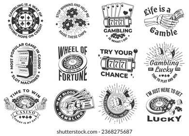 Set of gambling vintage print, logo, badge design with wheel of fortune, two dice, skeleton hand holding dollar, poker playing card, casino chips, slot machines and horseshoe silhouette. Vector