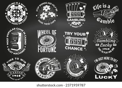 Set of gambling vintage print, logo, badge design with wheel of fortune, two dice, skeleton hand holding dollar, poker playing card, casino chips, slot machines and horseshoe silhouette. Vector on