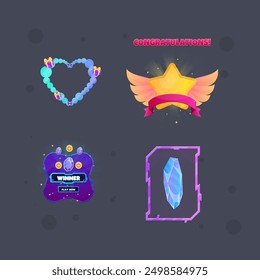 Set Of Game Badges Heart Winner Star Sci Fi Futuristic Win Pop Up And Gem Isolated Vector Design