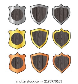 Juego de juegos de bronce, plata, escudos dorados, caricatura de armadura medieval de metal y madera decorada. Knight ammo, colección de pantallas de protección de hierro o madera, elementos de diseño ui, iconos vectoriales aislados, clipart