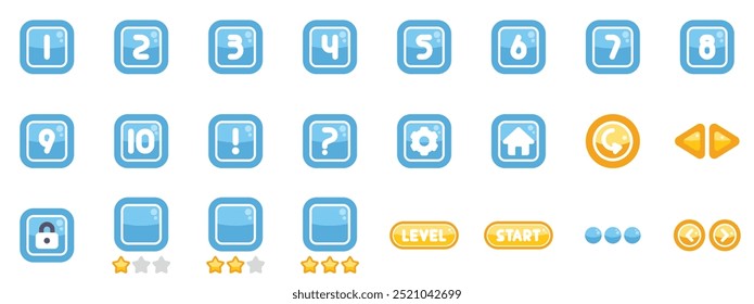 Set of game buttons with numbers and icons showing interface elements for mobile games or apps
