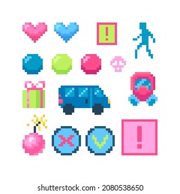 Set of game buttons in pixel art style. Vector illustration.
