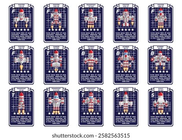 A set of game cards with combat spaceships. Collection. View from above. Isolated on white background. Vector illustration.