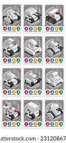 A set of game cards with combat vehicles. Collection. Isometric. Isolated on white background. Vector illustration.