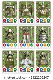 A set of game cards with combat vehicles. Collection. View from above. Isolated on white background. Vector illustration.