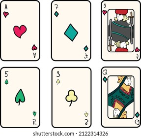 Juego de cartas de juego dibujadas a mano estilo doodle infantil. Incluye números de diamantes, corazones, palos y espadas. Incluye A, siete, cinco, tres, reina Q y jack J. 