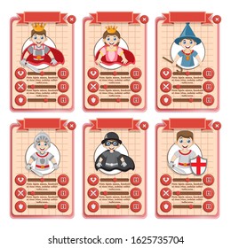 A set of game cards with the with the image of medieval characters. Isolated on white background. Vector illustration.