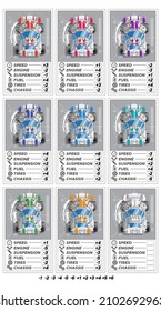A set of game cards with racing cars. Collection. Isolated on white background. Vector illustration.