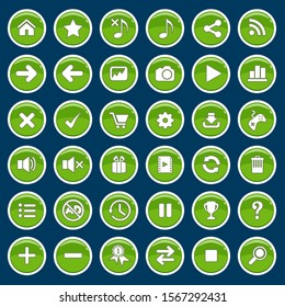 Set Of Game Cartoon Buttons Green Glossy Shiny Style.