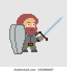 Set of game characters in perfect pixel art style. Man or boy knight with sword. Retro 8-bit or 16-bit. For your games, retro, business design. Detailed vector clip art with easy editable colors