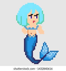 Set of game characters in perfect pixel art style. Woman or girl mermaid. Retro 8-bit or 16-bit. For your games, retro, business design. Detailed vector clip art with easy editable colors