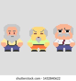 Set of game characters in perfect pixel art style. Old men. Retro 8-bit or 16-bit. For your games, retro, business design. Detailed vector clip art with easy editable colors