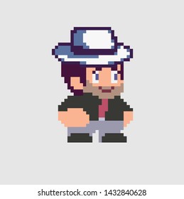 Set of game characters in perfect pixel art style. Man or boy in hat. Retro 8-bit or 16-bit. For your games, retro, business design. Detailed vector clip art with easy editable colors