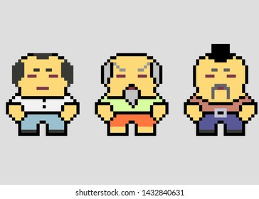 Set of game characters in perfect pixel art style. Men or boys. Retro 8-bit or 16-bit. For your games, retro, business design. Detailed vector clip art with easy editable colors