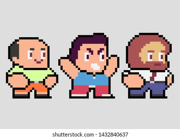 Set of game characters in perfect pixel art style. Men or boys. Retro 8-bit or 16-bit. For your games, retro, business design. Detailed vector clip art with easy editable colors