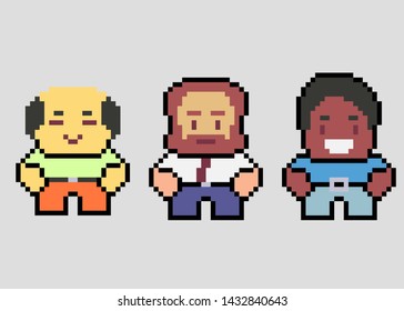 Set of game characters in perfect pixel art style. Men or boys. Retro 8-bit or 16-bit. For your games, retro, business design. Detailed vector clip art with easy editable colors