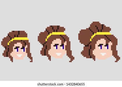 Set of game characters in perfect pixel art style. Heads of women or girls. Retro 8-bit or 16-bit. For your games, retro, business design. Detailed vector clip art with easy editable colors