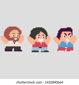 Set of game characters in perfect pixel art style. Men or boys. Retro 8-bit or 16-bit. For your games, retro, business design. Detailed vector clip art with easy editable colors