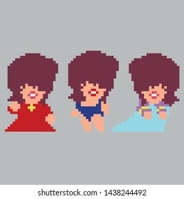 Set of game characters in perfect pixel art style. Women or girls. Retro 8-bit or 16-bit. For your games, retro, business design. Detailed vector clip art with easy editable colors