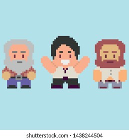 Set of game characters in perfect pixel art style. Men or boys. Retro 8-bit or 16-bit. For your games, retro, business design. Detailed vector clip art with easy editable colors