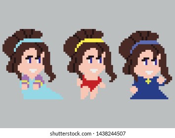 Set of game characters in perfect pixel art style. Women or girls. Retro 8-bit or 16-bit. For your games, retro, business design. Detailed vector clip art with easy editable colors