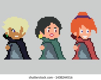 Set of game characters in perfect pixel art style. Women or girls. Retro 8-bit or 16-bit. For your games, retro, business design. Detailed vector clip art with easy editable colors
