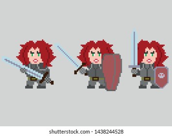 Set of game characters in perfect pixel art style. Women in knightly armor. Retro 8-bit or 16-bit. For your games, retro, business design. Detailed vector clip art with easy editable colors