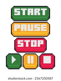 Set of game colorful play pause stop button in pixel art vector