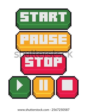 Set of game colorful play pause stop button in pixel art vector