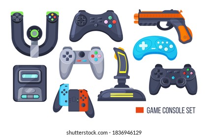 Set game console. Gamepad, playing joystick, video console, joy video games gadgets, wireless gamepad steering wheel. Retro modern devices for gamers gaming consoles cartoon vector