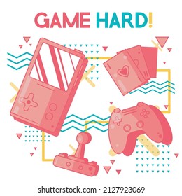 Spielkonsole einrichten. Gamepad, Spieljoystick, Videokonsole, Freude-Videospiele-Gadgets, drahtloses Gamepad-Lenkrad. Retro-moderne Geräte für Gamer-Konsolen-Cartoon-Vektorgrafik