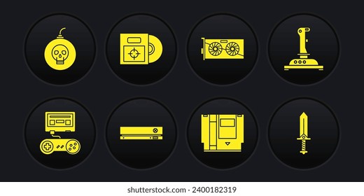 Set Game console with joystick, Joystick for arcade machine, Video game, Cartridge, graphic card, CD DVD disk box, Sword and Bomb ready to explode icon. Vector