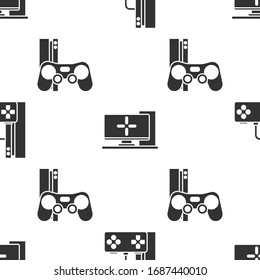 Set Game console with joystick, Computer monitor and Game console with joystick on seamless pattern. Vector